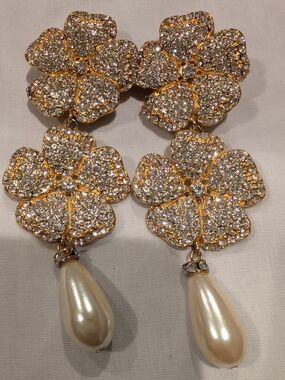 Gold Crystal Flower Drop Earrings with Pearl Teardrops